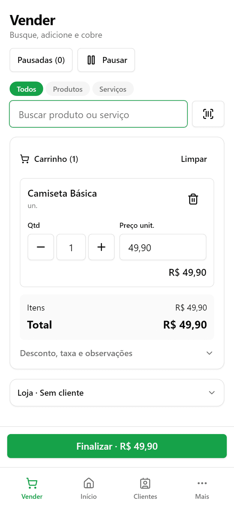 Tela de venda (PDV) do Estokinho no celular, com carrinho e total